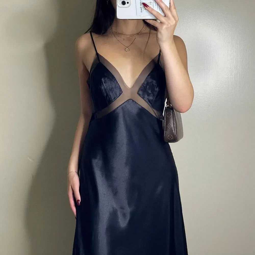 Victoria's Secret Very Sexy Midi Maxi Long Slip Dress Black Mesh Nightgown Large - Picture 2 of 13